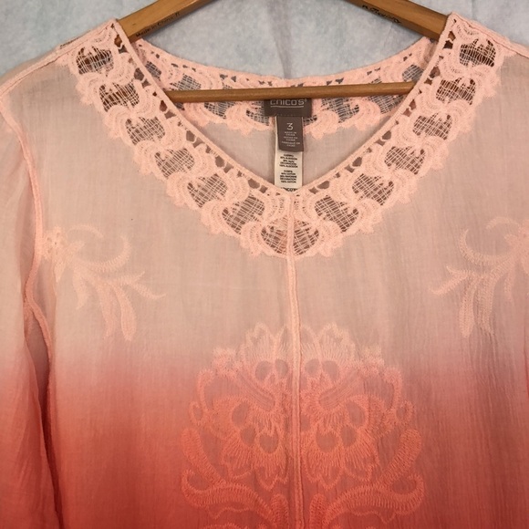 CHICOS Woman’s Embroidered 3/4 Sleeve Ombre Top Tunic Size 3 - Picture 3 of 11